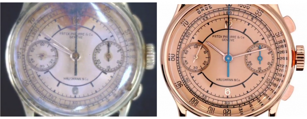 L'aspetto esteriore del risultato di un intervento di restauro di Patek Philippe su un cronografo con due contatori con cassa in oro. Ben visibile sul quadrante la scritta Hausmann & Co., che fino alla met&agrave; degli anni '70 veniva riportata su tutti i quadranti degli orologi Patek Philippe venduti dalla nostra Orologeria. 