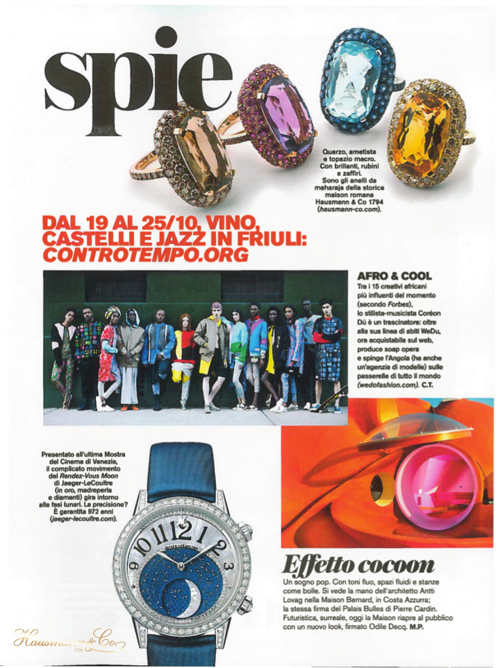 In alto, la collezione di anelli Maharaja sul redazionale di D di Repubblica del 3 ottobre 2015.