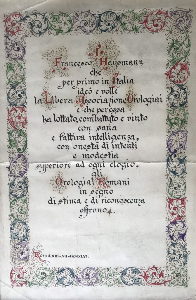 Franz Hausmann and recognition by the Roman Watchmakers Association