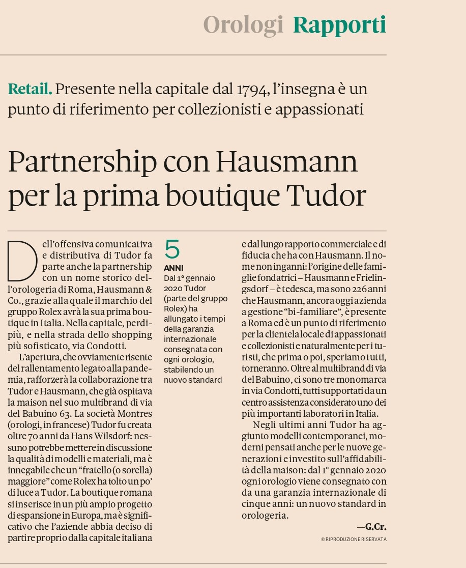 IlSole24Ore Apertura boutique tudor hausmann roma