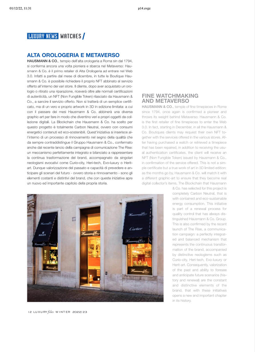 Hausmann & Co. is the first fine watch retailer to join Web 3.0