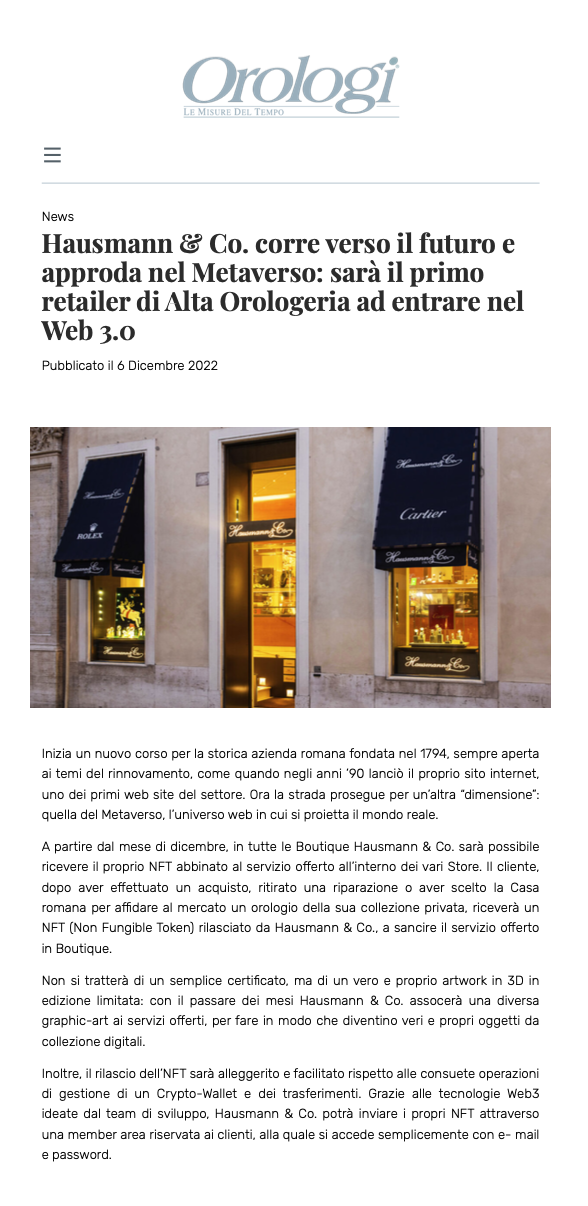 Hausmann & Co. is the first fine watch retailer to join Web 3.0