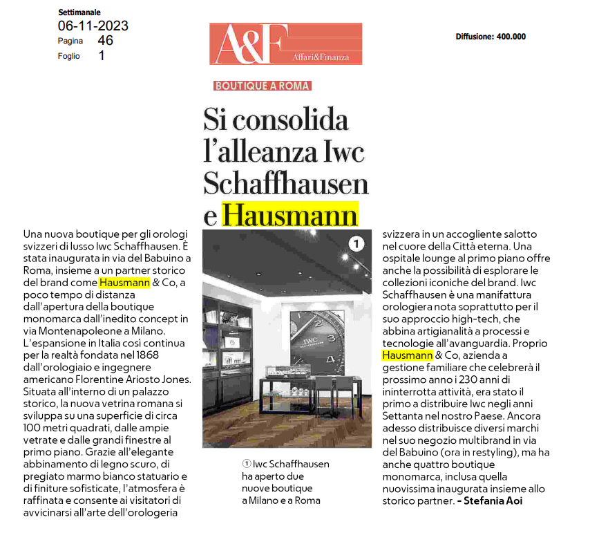 IWC Shaffhausen nella capitale con Hausmann & Co.