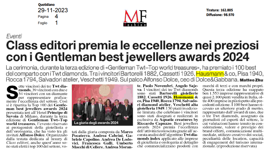Il gruppo Hausmann & Co. premiato ai Best Jewellers Award
